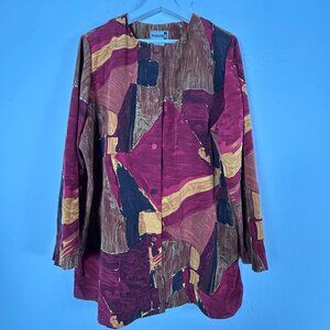 Marilyn B Womens Abstract Print Button-Front Lightweight Jacket 1X Red Brown